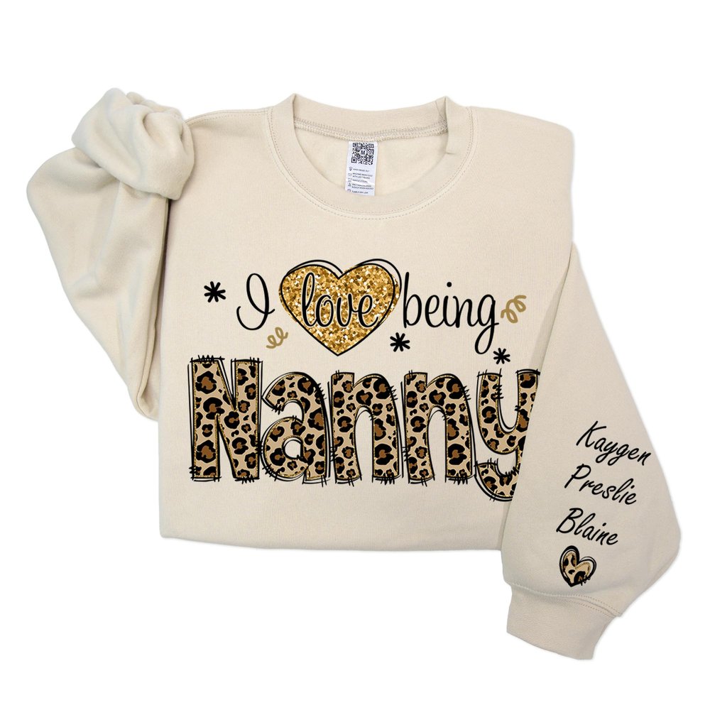 GODMERCH I Love Being Nanny Sweatshirt Personalized Nickname Grandma with Kid Names on Sleeve, Custom Christmas Gigi Nana Mimi Sweater, Gift for Nanny