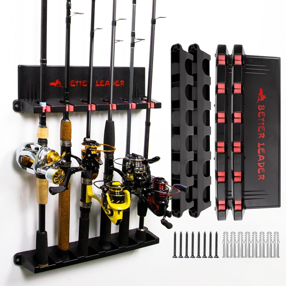 2 Pack Vertical Fishing Rod Holder for Garage, BETTER LEADER Fishing Pole Holders- Holds Up to 12 Rods or Combos, Wall Mount Fishing Pole Rack, Fits Most Rods of Diameter 3-19mm, Fishing Gifts for Men