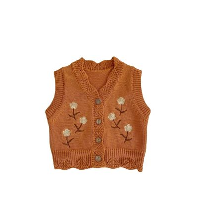 2023 Kids Girls Fashion Cotton Sleeveless Sweater Kids Embroidery Gilets Vest Boys and Girls Baby (Brown, 12-18 Months)