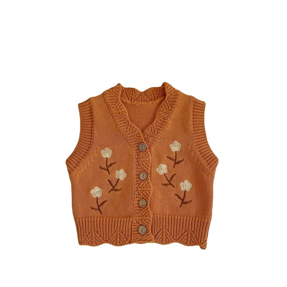 2023 Kids Girls Fashion Cotton Sleeveless Sweater Kids Embroidery Gilets Vest Boys and Girls Baby (Brown, 12-18 Months)