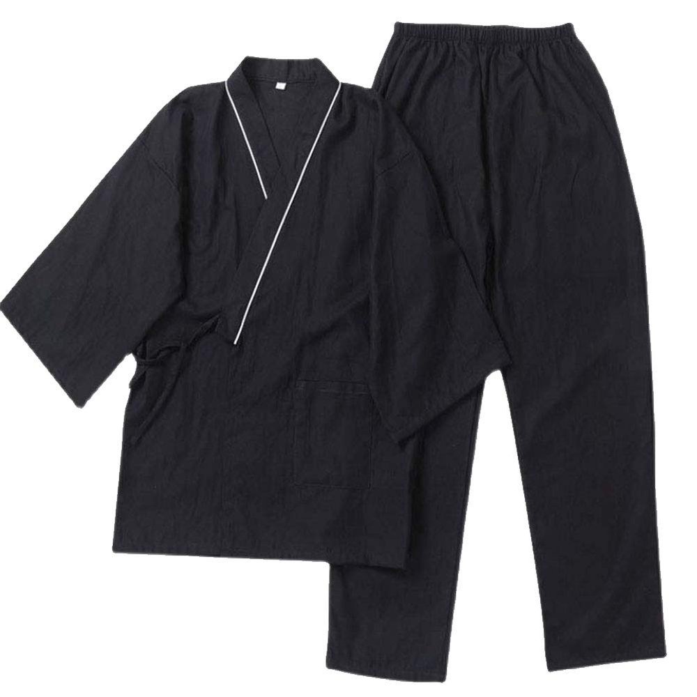 OWLONLINE Japanese Kimono Men's Cotton Pajamas Suit Plus Size Zen Clothing (Size L, E)