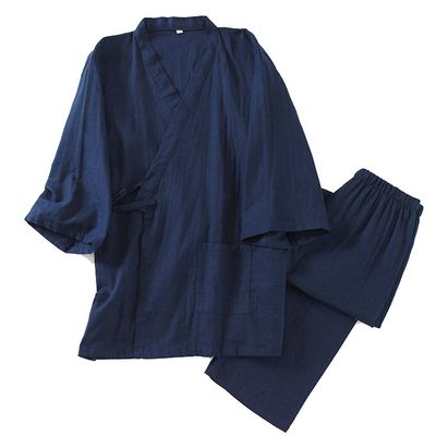 OWLONLINE Men's Japanese Kimono Cotton Hanfu Ancient Pajamas Suit Plus Size Zen Clothing (Size M, M) Deep Blue