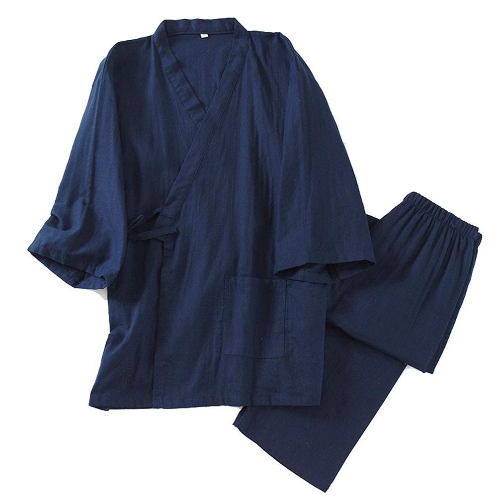 OWLONLINE Men's Japanese Kimono Cotton Hanfu Ancient Pajamas Suit Plus Size Zen Clothing (Size M, M) Deep Blue