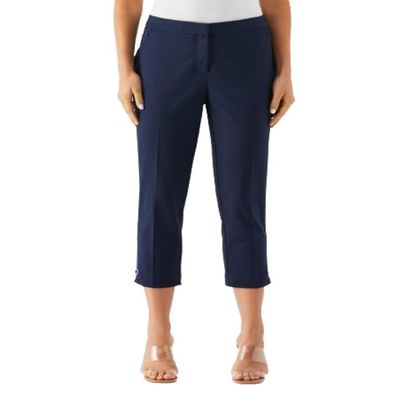 Rafaella Women's 24" Satin Twill Capri with Grommets, Stretch Fabric, Elastic Waistband, Curvy Slim Fit Dress Pants, Navy, 14
