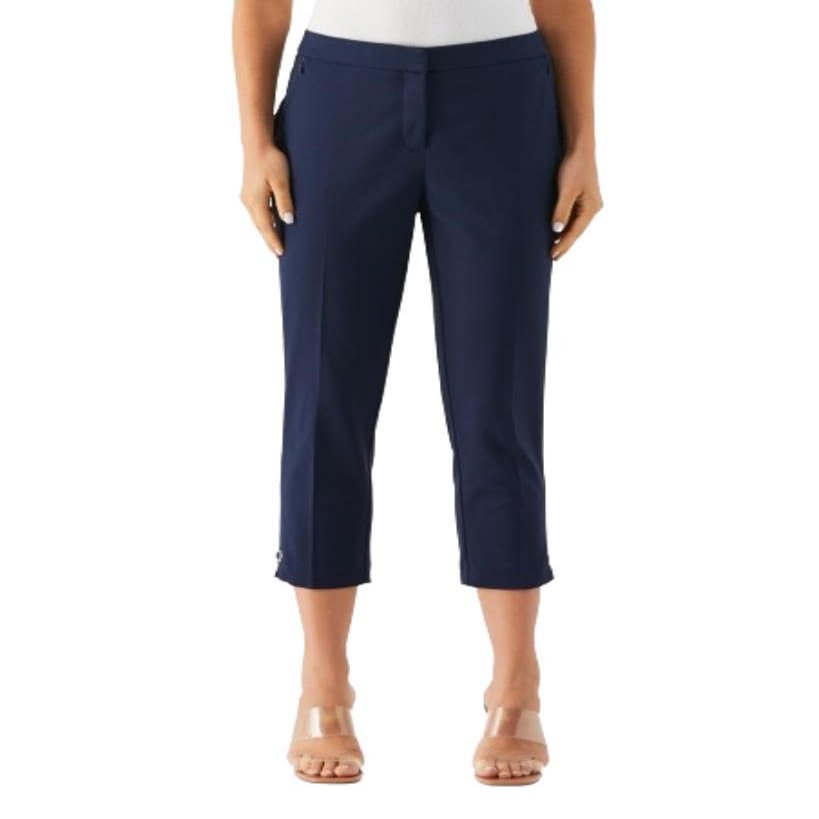 Rafaella Women's 24" Satin Twill Capri with Grommets, Stretch Fabric, Elastic Waistband, Curvy Slim Fit Dress Pants, Navy, 14