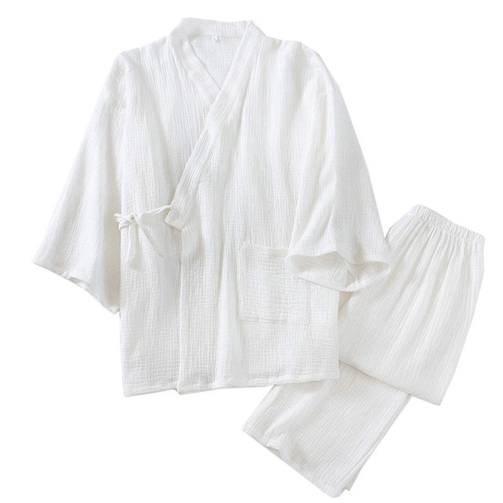 OWLONLINE Men's Japanese Kimono Loose Casual Home Pajamas Nightwear Size XL -White