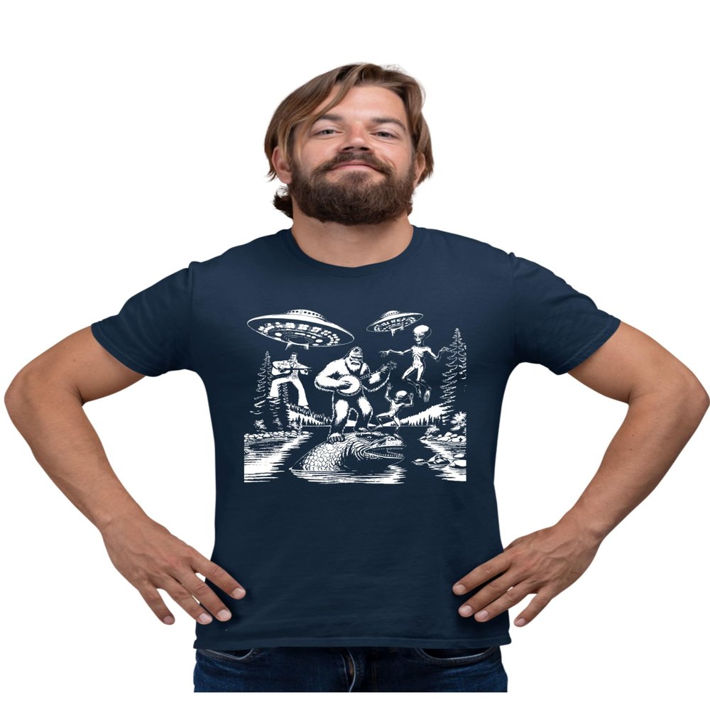 4X-Large Navy Blue Mens Bigfoot Elvis Loch Ness Monster Alien UFO Jam Session T-Shirt