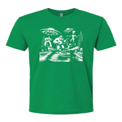 3X-Large Kelly Green Mens Bigfoot Elvis Loch Ness Monster Alien UFO Jam Session Deluxe Soft T-Shirt
