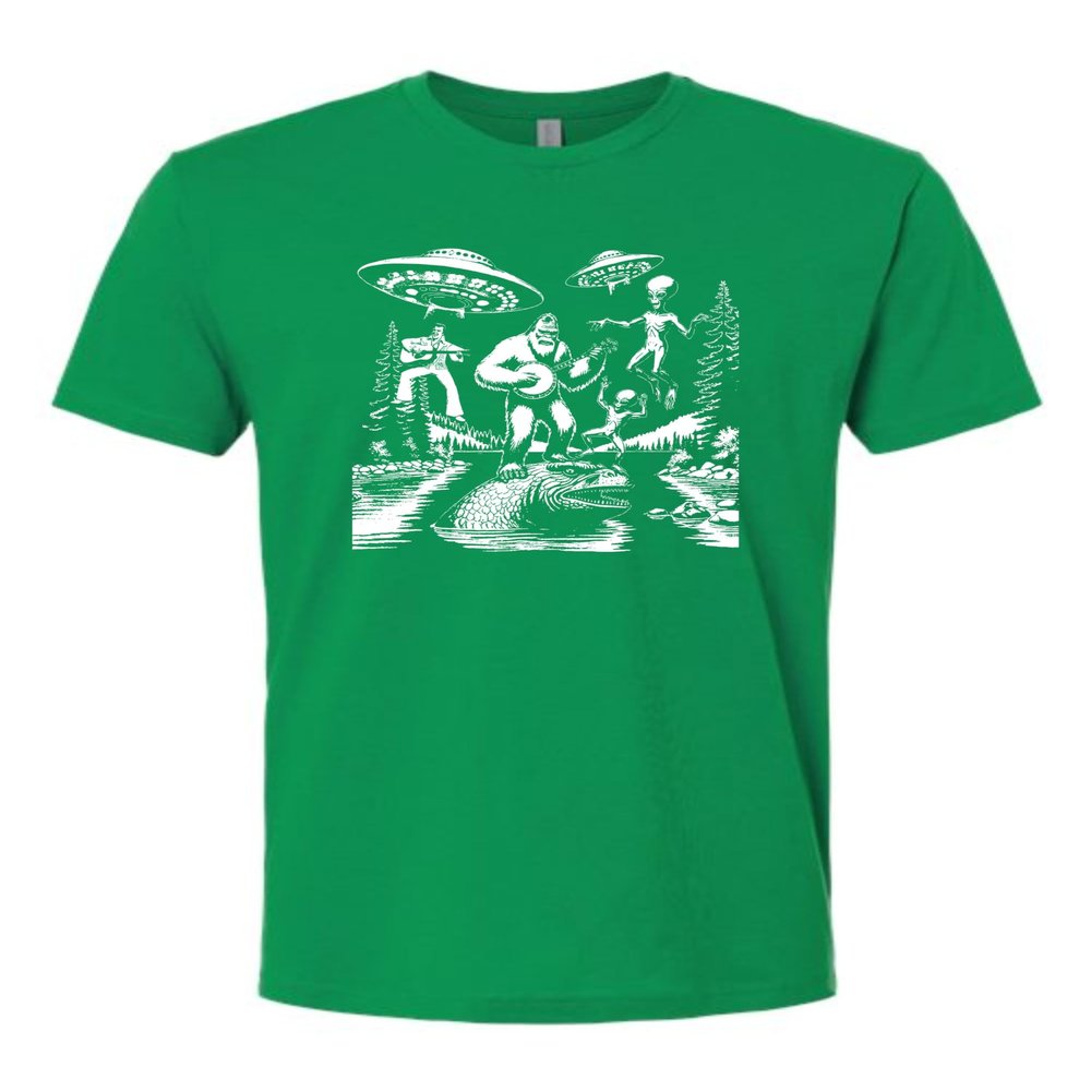 3X-Large Kelly Green Mens Bigfoot Elvis Loch Ness Monster Alien UFO Jam Session Deluxe Soft T-Shirt
