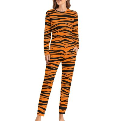 CSQDFBHD Tiger Stripes Pattern Black Orange Women Pajamas Two Piece Nightgown Classic Long Sleeve Tshirt And Pant Sleep Set Elastic Soft Nightclothes