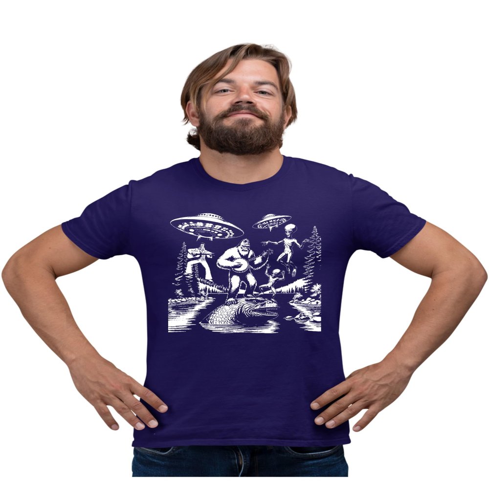 5X-Large Purple Mens Bigfoot Elvis Loch Ness Monster Alien UFO Jam Session T-Shirt