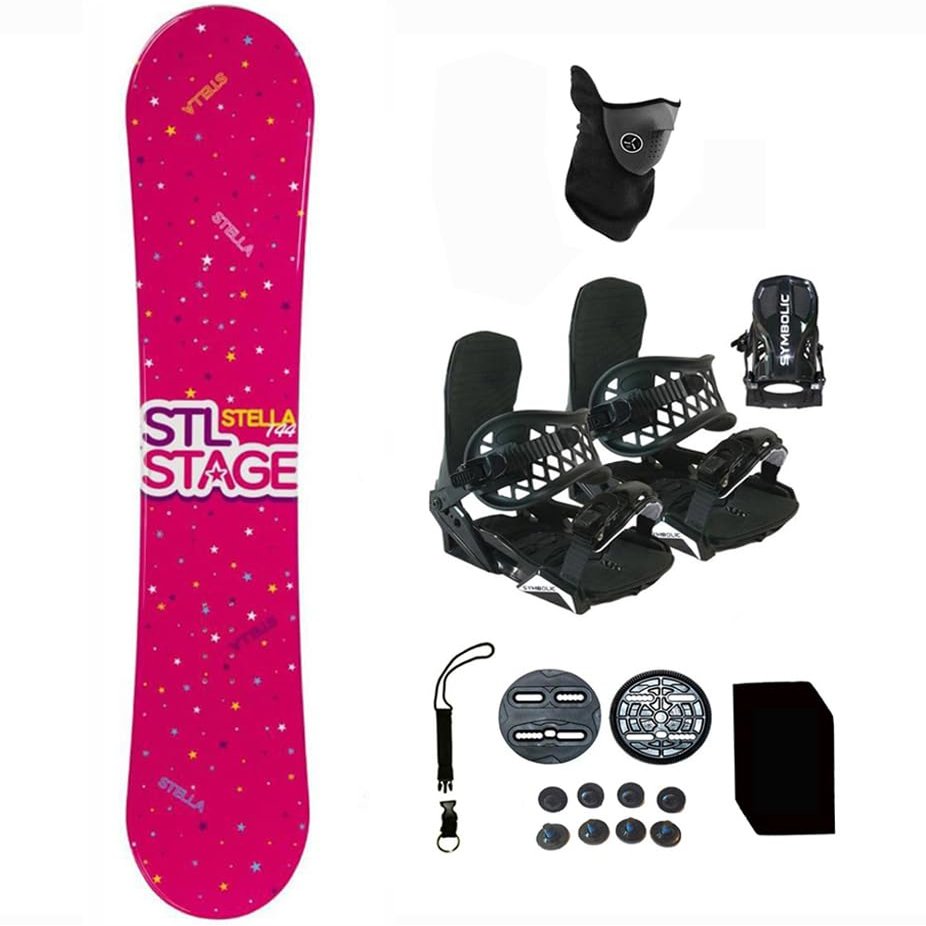 Symbolic Stella 140cm 144cm Snowboard and Black Bindings Package Leash, Stomp, Mask Women Girls Kids (140-Camber+XS Binding(Kid 1-6) djoy100)