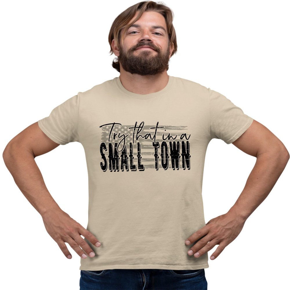 XX-Large Sand Mens USA American Flag Try That in A Small Town T-Shirt