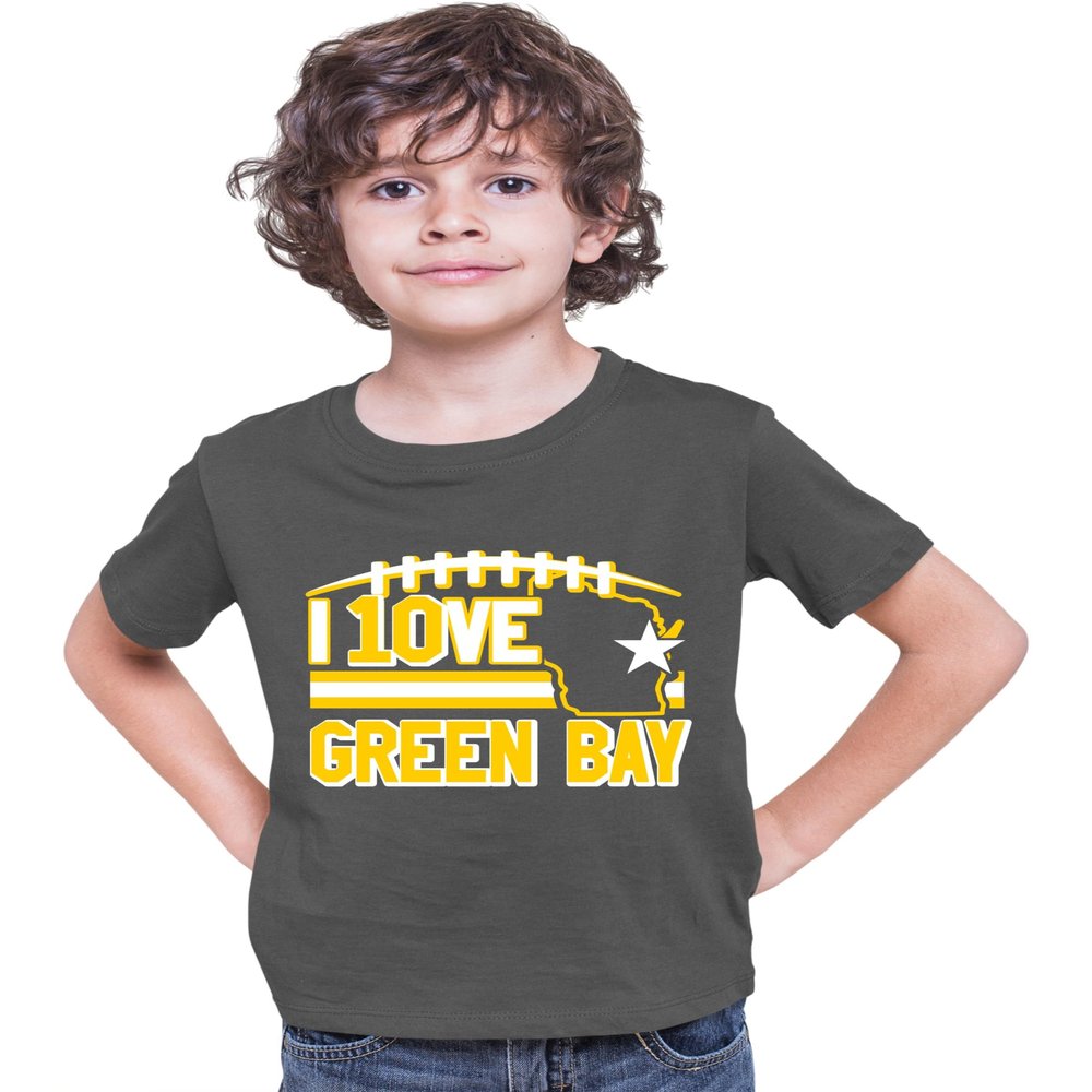Small Heather Black Youth I Love Green Bay Wisconsin Outline T-Shirt