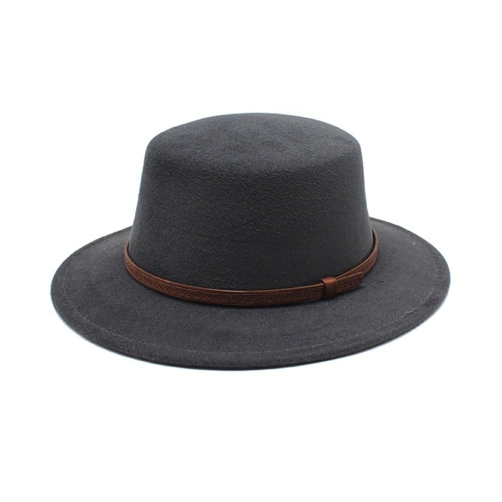 and Winter Woolen Top Hat Women's Flat Top Flat Brim Hat Minority Style Flat Top Hat Luopan Caps & Hats (Color : Dark Grey, Size : 56-58cm)