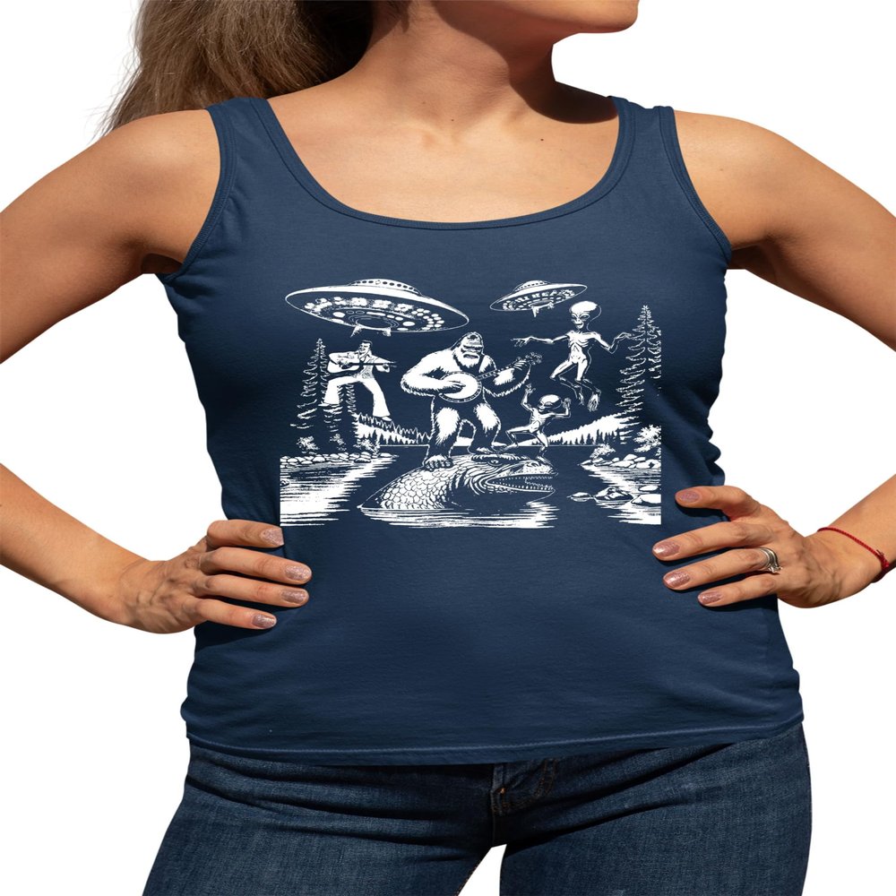 Small Navy Blue Women Fitted Bigfoot Elvis Loch Ness Monster Alien UFO Jam Session Sleeveless Tank Top T-Shirt
