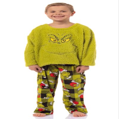 Dr. Seuss GRINCH Boy's Santa Plaid Plush Fleece Kids Pajama Sleep Set (10) Green