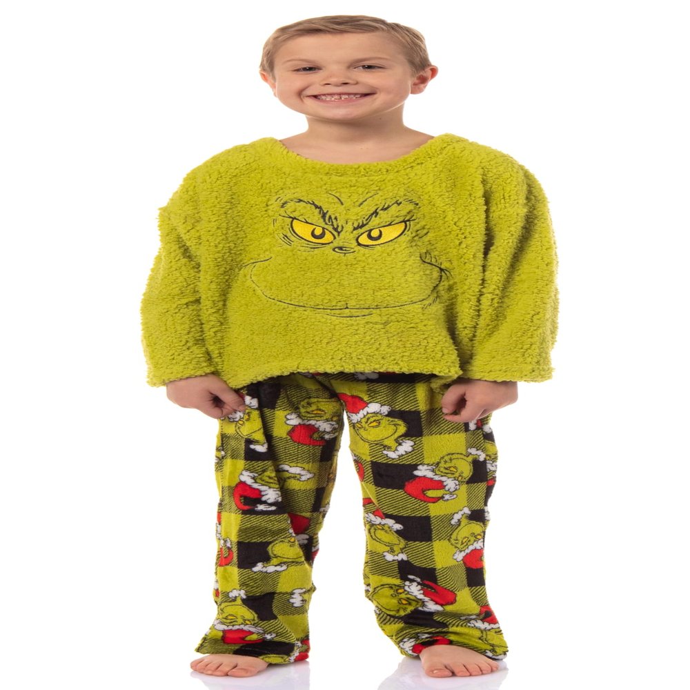 Dr. Seuss GRINCH Boy's Santa Plaid Plush Fleece Kids Pajama Sleep Set (10) Green