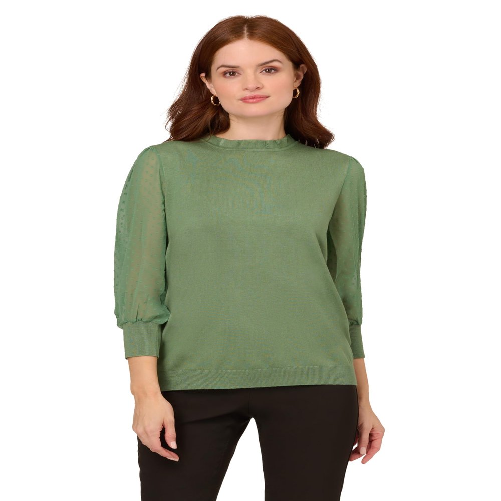 Adrianna Papell Women's Clip Dot Sleeve Twofer Sweater, Palm Leaf, L