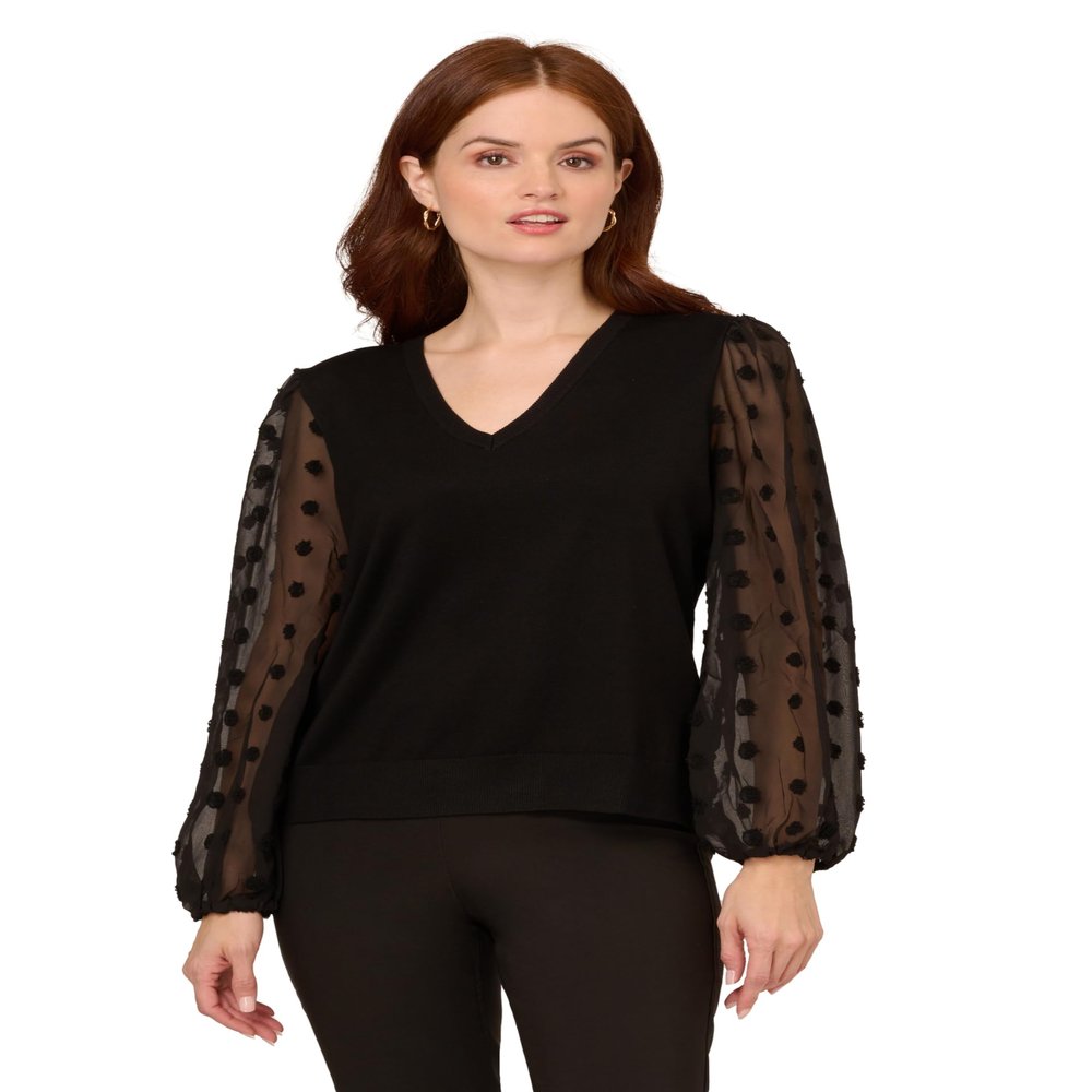 Adrianna Papell Women's V Neck 3/4 Woven Bubble Sleeve Sweater, Black, L