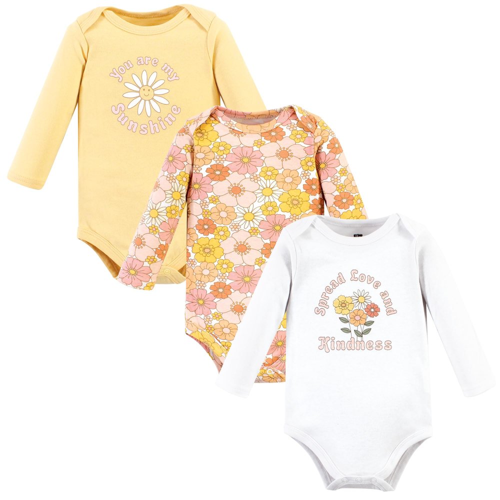 Hudson Baby Unisex Baby Cotton Long-Sleeve Bodysuits, Peace Love Flowers, Preemie