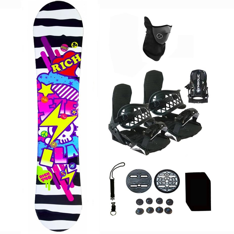 Symbolic Stella 140cm 144cm Snowboard and Black Bindings Package Leash, Stomp, Mask Women Girls Kids (140-Camber+S Binding(Lady 6-9.5) az37)