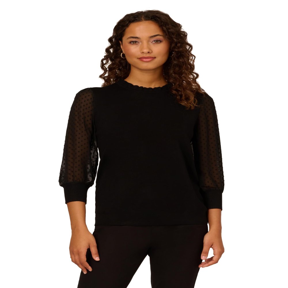 Adrianna Papell Diffusion Women's Clip Dot Sleeve Twofer Sweater, Black, S
