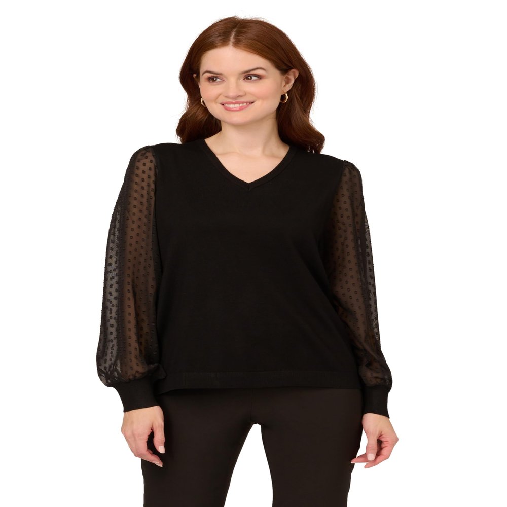 Adrianna Papell Diffusion Women's Clip Dot Long Sleeve Sweater, Black, L