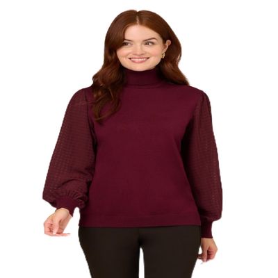 Adrianna Papell Women's Long Woven Sleeve Turtleneck Sweater, Maroon, M