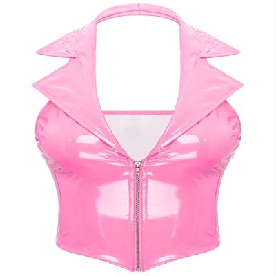 Alvivi Women's Wet Look Patent Leather Slim Fit Vest Tops Halter Tuxedo Suit Waistcoat Sexy Clubwear Pink Small