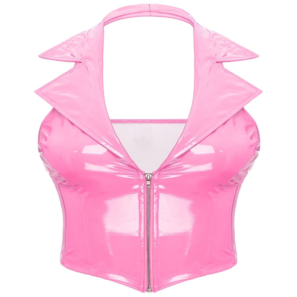 Alvivi Women's Wet Look Patent Leather Slim Fit Vest Tops Halter Tuxedo Suit Waistcoat Sexy Clubwear Pink Small