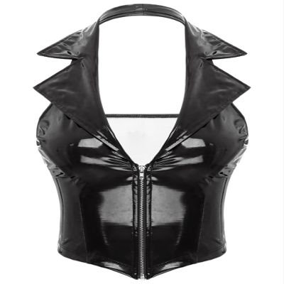 Alvivi Women's Wet Look Patent Leather Slim Fit Vest Tops Halter Tuxedo Suit Waistcoat Sexy Clubwear Black Small