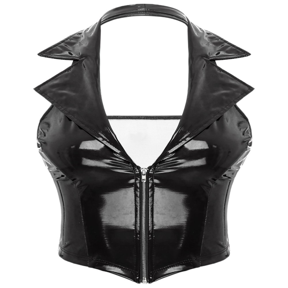 Alvivi Women's Wet Look Patent Leather Slim Fit Vest Tops Halter Tuxedo Suit Waistcoat Sexy Clubwear Black Small