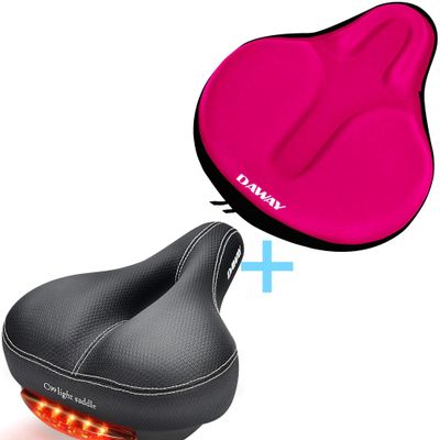 DAWAY C99 Comfortable Wide Bike Saddle and C6 Pink Soft Gel Foam Padded Large Bicycle Seat Cover for Men Women, Universal Fit for Outdoor Indoor Exercise Bikes