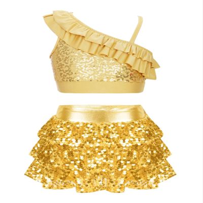 YiZYiF Kids Girls Metallic Crop Top with Skirt Sequined 2 Piece Dance Outfit Set Jazz Latin Ballroom Performance Costume Gold A 6 Years