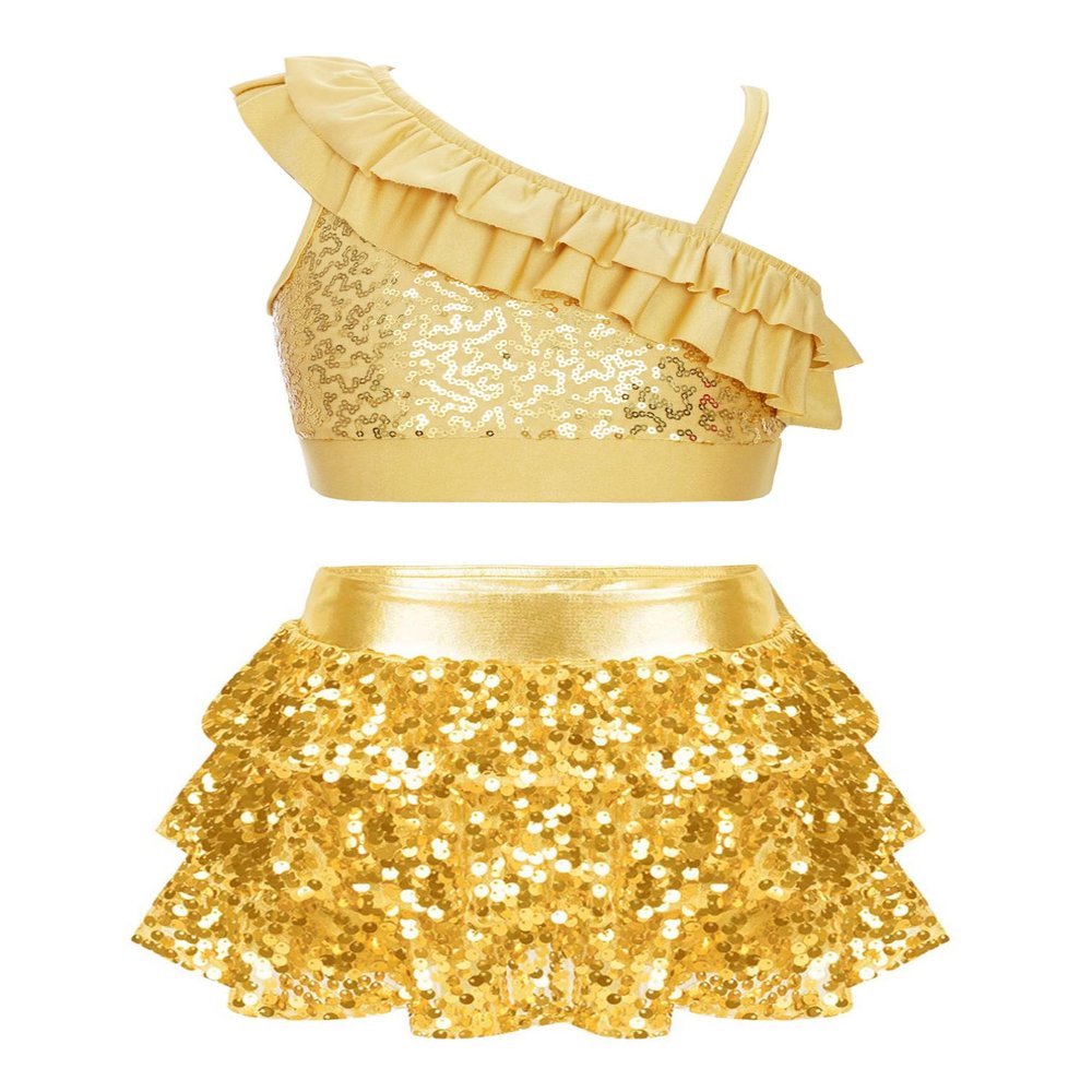YiZYiF Kids Girls Metallic Crop Top with Skirt Sequined 2 Piece Dance Outfit Set Jazz Latin Ballroom Performance Costume Gold A 6 Years