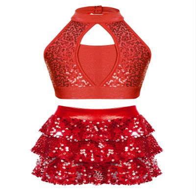 YiZYiF Big Girls Metallic 2 Piece Dance Outfit Set Jazz Latin Ballroom Performance Costume Sequined Crop Top with Skirt Red B 12 Years