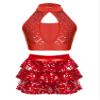 YiZYiF Big Girls Metallic 2 Piece Dance Outfit Set Jazz Latin Ballroom Performance Costume Sequined Crop Top with Skirt Red B 12 Years view 1
