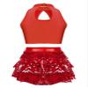 YiZYiF Big Girls Metallic 2 Piece Dance Outfit Set Jazz Latin Ballroom Performance Costume Sequined Crop Top with Skirt Red B 12 Years view 2