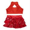 YiZYiF Big Girls Metallic 2 Piece Dance Outfit Set Jazz Latin Ballroom Performance Costume Sequined Crop Top with Skirt Red B 12 Years view 3