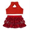 YiZYiF Big Girls Metallic 2 Piece Dance Outfit Set Jazz Latin Ballroom Performance Costume Sequined Crop Top with Skirt Red B 12 Years view 4