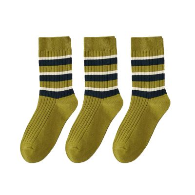 3 Pairs Of Green Striped Socks Women's Spring And Summer Socks Summer Color Clashing Cotton Outer Stockings