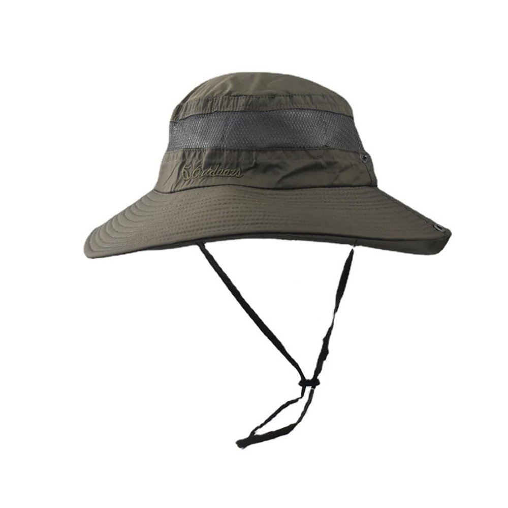 elwow Men's Outdoor Sun Hat Wide Brim Fishing Hat Mesh Bucket Hat Boonie Hat Camping Hiking Hat with Rope (Army Green)