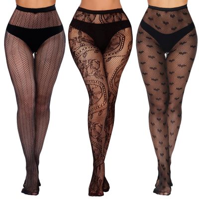 Buauty 3 Pairs Lace Patterned Fishnet Tights for Women, Black Fishnets Leggings Lace Tights with Designs for Women, Floral Stockings Small Hole Pattern Leggings Net Pantyhose