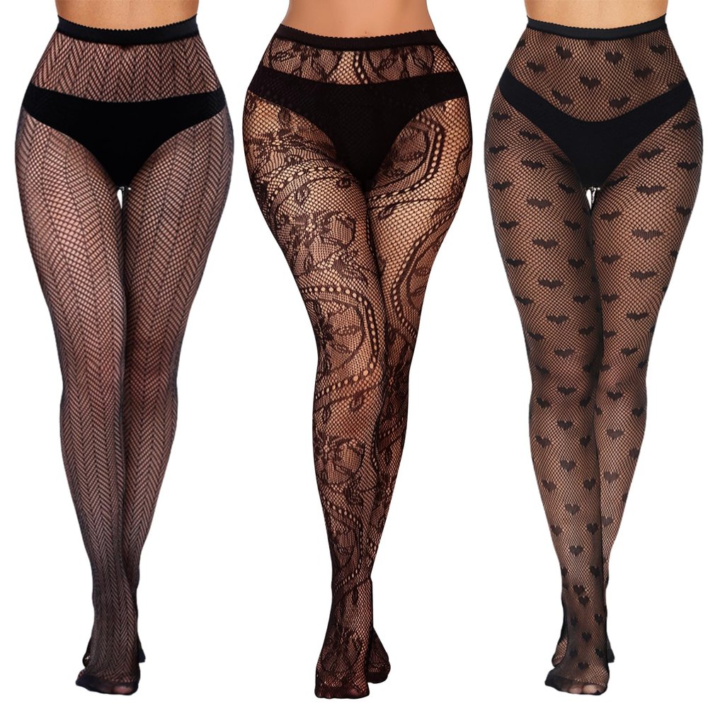 Buauty 3 Pairs Lace Patterned Fishnet Tights for Women, Black Fishnets Leggings Lace Tights with Designs for Women, Floral Stockings Small Hole Pattern Leggings Net Pantyhose