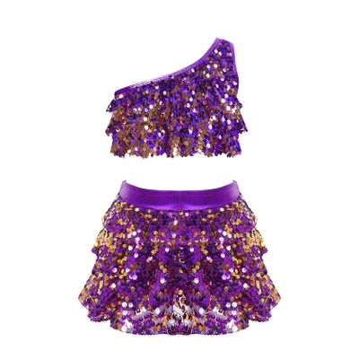 Lorilida Girls Shiny Metallic Latin Jazz Ballet Dance Dress Kids Crop Top with Tassel Skirt Outfits Performance Costume Purple 16 Years
