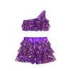 Lorilida Girls Shiny Metallic Latin Jazz Ballet Dance Dress Kids Crop Top with Tassel Skirt Outfits Performance Costume Purple 16 Years view 3