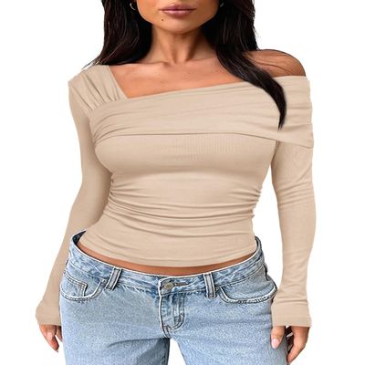 Darong Women's Ruched Long Sleeve One Shoulder Slim Fitted Tee Top T Shirt 9033 Apricot S