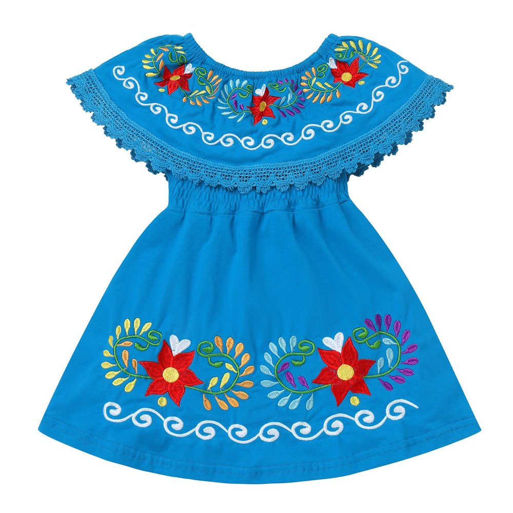 Baby Girl Embroidered Dress: Traditional Mexican Floral Print Off-Shoulder Sleeveless Ruffle Cinco De Mayo Fiesta Dress Dance Performance Birthday Party Drape Dress Blue 3-4 Years