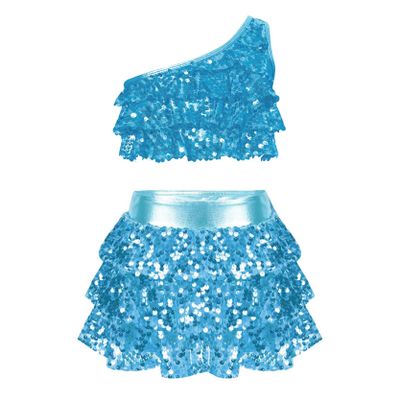 Lorilida Girls Shiny Metallic Latin Jazz Ballet Dance Dress Kids Crop Top with Tassel Skirt Outfits Performance Costume Sky Blue 4 Years